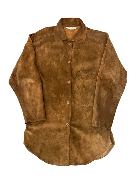 Brown Suede Coat Jacket M Button Down Collar Vtg La Vogue Leather Extra Long Tan - Picture 2 of 7
